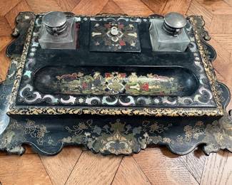 Victorian papier mache chinoiserie ink well set.