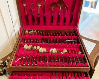 152-pc set of vintage brass and teak wood in original storage case.