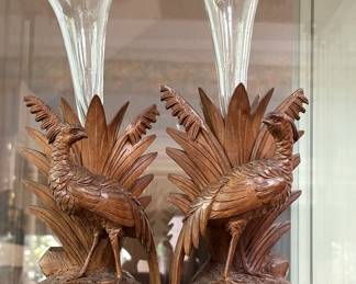 Pair of antique Black Forest carved wood pheasant epergnes with etched glass vases.