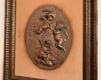 Helene Bertaux bas-relief bronze plaque depicting cherubs. Pair of impressive pink granite garden urns.