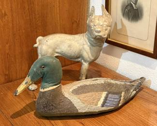 Antique die cast Boston bull terrier and 1940s Armstrong canvas mallard duck decoy.