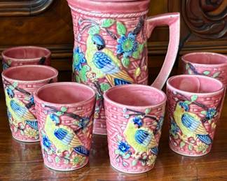 Vintage Japanese Majolica-style citrus pitcher with matching tumblers, circa 1950s.