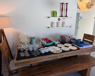 Wood dining room table (2 chairs and 2 benches) | Wine glasses | Kitchen