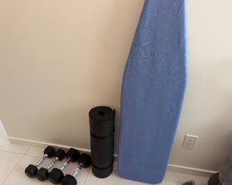 set of 10LB and 15LB Dumbells, yoga mat, iron board