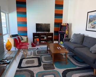 Rug, coffee table, pacman machine, TV, couch  are all for sale!