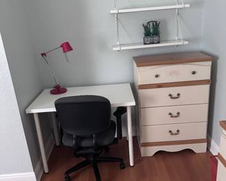 Dresser, small table, and rolling chair