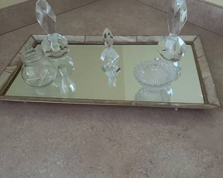 Mirrored vanity tray with crystal perfume bottles