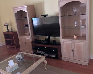 Arched display cabinets, tv, and stand