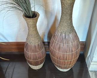 Woven Rattan Tall Floor Vase Pair