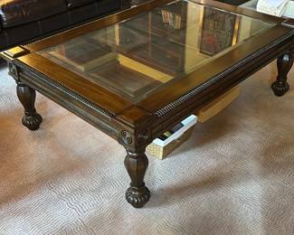 Carved Wood Glass-Top Coffee Table