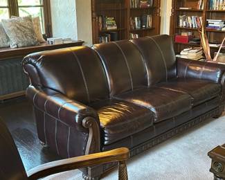 Brown Leather Rolled-Arm Sofa