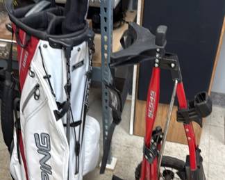 Golf clubs and cart