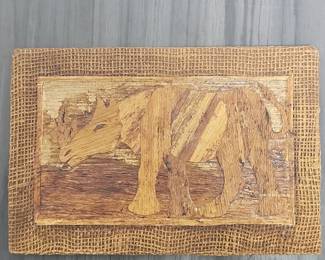 Vintage Straw Marquetry Rhino Wall Plaque with Burlap Frame