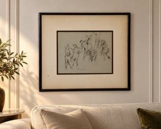 Signed & Framed Vintage Ink-on-Paper Sketch