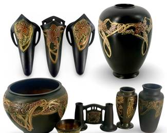 9pc Vintage Brown Roseville Pottery Collection