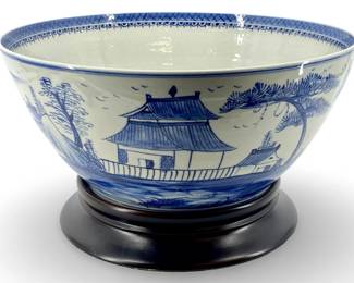 Blue and White Chinoiserie Porcelain Bowl on Base
