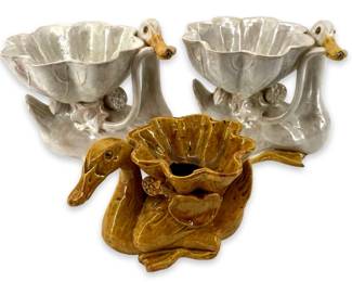 3pc Glazed Ceramic Stoneware Swan Dishes