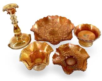 Marigold Carnival Art Glass Bowls and Candlestick