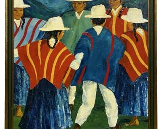 Signed Andean Folk Art Oil on Canvas