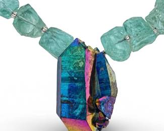 Aqua Chunky Quartz Iridescent Pendant Necklace