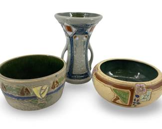 3pc Rare Roseville Mostique Ceramic Vase & Bowls