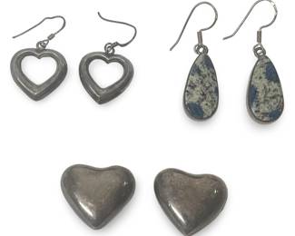3 Pair Vintage Sterling Silver Heart Earrings