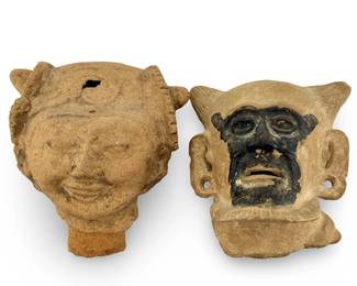 2pc Antique Pre Columbian Aztec Ceramic Faces