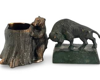 Small Bronze Cast Buffalo and Bear Figures