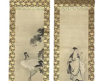 2pc. Antique Japanese Scrolls: Crane & Jurojin