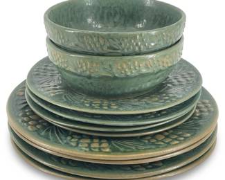 10pc Green Glazed Stoneware Dish Collection