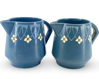 2pc Early Roseville Aztec Pottery Pitchers