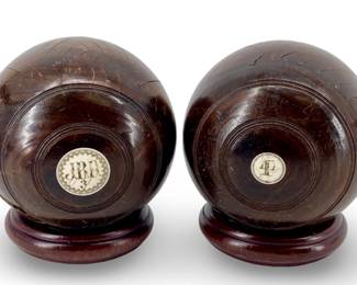 2pc Antique Inlaid Wood Lawn Bacci Balls
