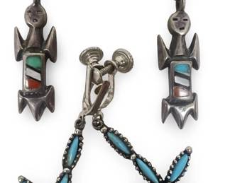 2 Pair Native American Silver Inlay Earrings