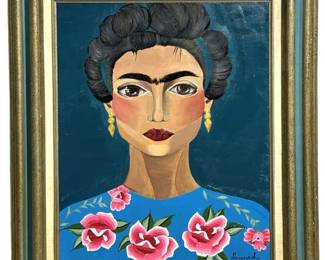 Signed Serena S Stylized Frida Kahlo Oil on Canvas