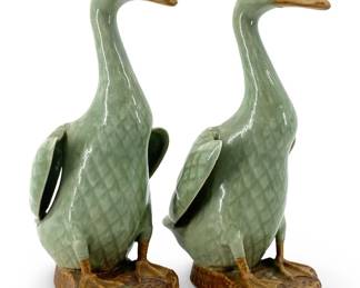 Chinese Celadon Porcelain Geese Sculptures