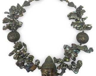 Iridescent Keshi Pearl Bronze Buddha Pendant