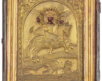 342 A Late 19th Century Russian icon of the Archangel Michael as Horseman of the Apocalypse Archangel Michael as Horseman of the Apocalypse With underpainting on wood panel with a stamped brass oklad Unsigned; punch-inscribed in Cyrillic identifying "Michael" on the oklad, upper center Overall: 11 3/4 x 9 3/4 x 2 3/4 in. Estimate: $400 - $600