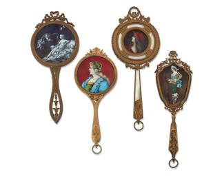 339 Four Limoges enamel and gilt metal hand mirrors Early 20th century Three signed in the enamel field 4 pieces Lengths 7 3/4-9 1/4 in. Estimate: $500 - $800