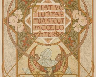 232 Alphonse Mucha (1860-1939) 4th prayer plate, from "Le Pater" folio, 1899 Lithograph in colors on Japan paper From the deluxe edition of only 10 examples on Japan paper (the total edition was 510) Appears unsigned; F. Champenois, Paris, France, prntr.; H. Piazza & Cie, Paris, France, pub. Sight: 15 x 11 1/8 in. Estimate: $500 - $700