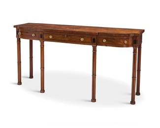 320 A Burton-Ching Regency style inlaid mahogany sideboard Circa 2000 With three locking drawers Marked to lock: Burton-Ching Height 37 1/2 in., width 72 1/4 in., depth 21 in. Estimate: $800 - $1,200