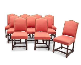 118 A set of ten Spanish Baroque style dining chairs 20th century Each upholstered in cotton with brass tacking, raised on turned legs and box stretchers 10 pieces Height of each 40 1/2 in., width 21 in., depth 26 in. Estimate: $800 - $1,200