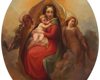 78 Jean Baptiste van Eycken (1809-1853) Madonna and child with angels Oil on canvas laid to canvas Signed lower left under the frame's spandrel: Jean Van Eycken; numbered in black, in another hand, "#7734" on the stretcher Sight: 41 x 33 in.; Overall: 42 x 34 in. Estimate: $800 - $1,200