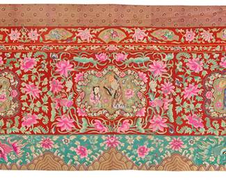 57 A large Chinese embroidered silk hanging Late 19th century or later The wide textile worked on red silk with vibrant polychrome silk and gilt wrapped threads, with framed figural reserves featuring multiple dramatic figures wearing elaborate costumes, each reserve amidst auspicious fruits and flowers with alternating twining sprigs including lotus and peony, as well as Buddha's hand citrus and fancy goldfish, and a teal green silk border with goldfish, waves and mountain motifs, the textile fully lined in printed cotton calico fabric 3 ft. 6 1/2 in. x 9 ft. 7 1/2 in. Estimate: $1,500 - $2,500