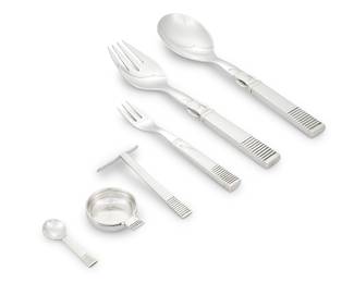 40 A group of Georg Jensen sterling silver 'Parallel' flatware articles Circa 1930-1944 Designed 1931 by Oscar Gundlach-Pedersen Comprising a serving spoon, serving fork, individual salt cellar and spoon, food pusher, and child's fork Each marked: STERLING / DENMARK; all but salt spoon and child's fork marked for maker 6 pieces Length of largest 8 1/2 in. Total weight 7.5 oz. troy approximately Estimate: $2,000 - $4,000