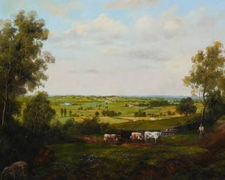 132 E. Ponthier (20th Century) A rural landscape with cattle Oil on canvas Signed lower right: E. Ponthier 24 x 36 in. Estimate: $600 - $800