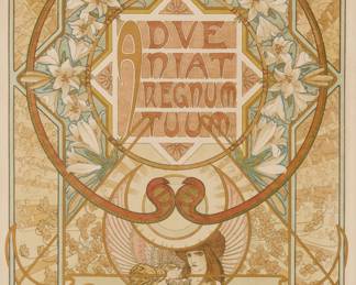 223 Alphonse Mucha (1860-1939) 3rd prayer plate, from "Le Pater" folio, 1899 Lithograph in colors on Japan paper From the deluxe edition of only 10 examples on Japan paper (the total edition was 510) Appears unsigned; F. Champenois, Paris, France, prntr.; H. Piazza & Cie, Paris, France, pub. Sight: 14 3/4 x 11 1/4 in. Estimate: $500 - $700