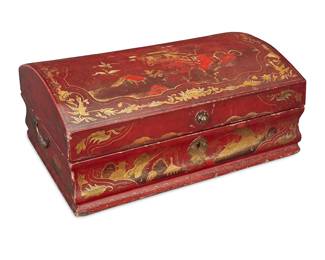 363 An Italian chinoiserie gilt and red lacquered box Mid-18th century With locking lid and opposed handles, decorated with Chinese-style scenes Height 5 5/8 in., width 13 1/4 in., depth 10 1/4 in. Estimate: $700 - $900