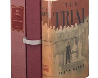 311 Franz Kafka (1883-1924) "The Trial," 1937 Hardcover book in later slipcase Kafka, Franz. "The Trial." New York: Alfred A. Knopf, 1937 First American Edition, stated Bound in orange cloth, with colorized embossed front cover illustration and spine, in a later custom cloth-covered slipcase Height 7 7/8 in., width 5 3/8 in., depth 1 3/8 in.; height of slipcase 8 1/2 in., width 5 7/8 in., depth 2 in. Estimate: $1,000 - $1,500