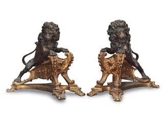 148 A pair of Louis XV style parcel gilt bronze lion andirons 19th century Each base impressed: CAFIERI 1800 2 pieces Height of each 19 in., width 20 in., depth 13 in. approximately Estimate: $600 - $800