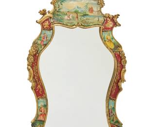 162 A pair of Venetian style painted carved wood mirrors Late 19th/early 20th century Depicting seven figural tableaus alternation with gilt on red filigree panels 2 pieces Height of each 49 1/2 in., width 28 1/2 in., depth 2 3/4 in. Estimate: $600 - $800